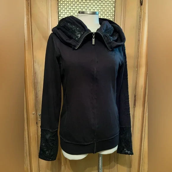 CRASH & BURN black sequin zip hoodie L - Picture 1 of 12